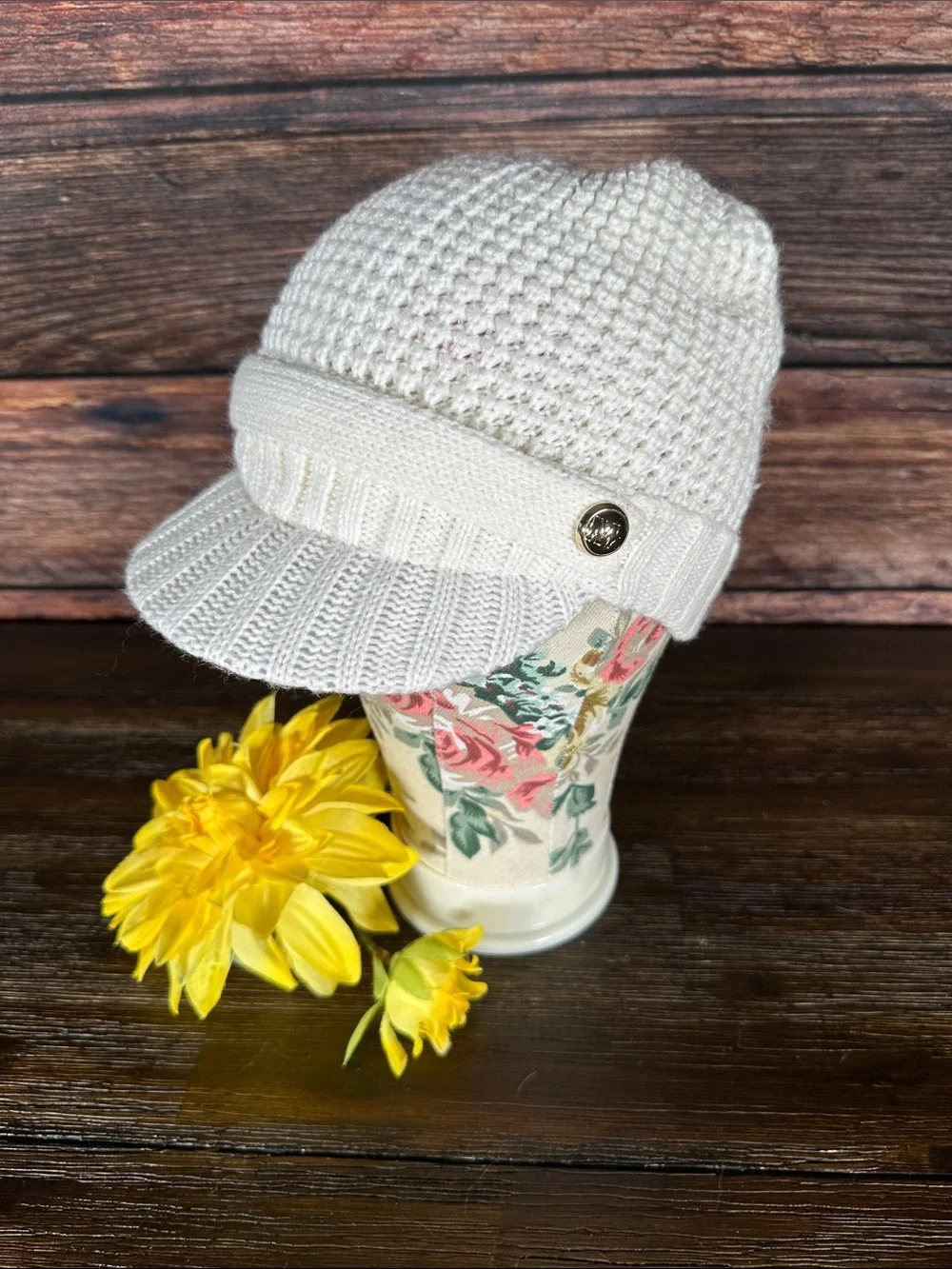 Michael Kors Cream Knit Visor Beanie with Logo Button